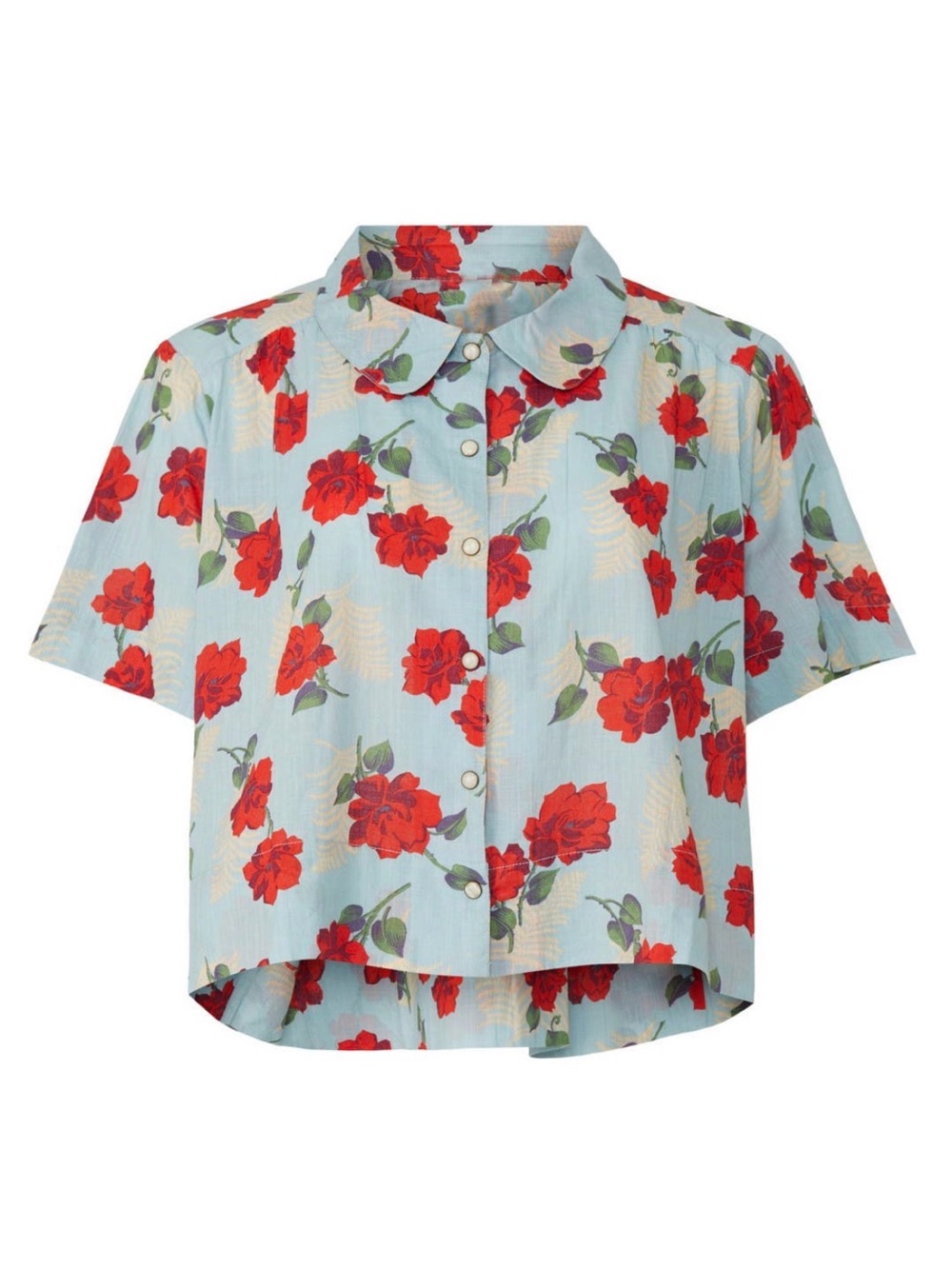 THE GREAT. Duet Top. Light Blue, Short-Sleeve, Cropped Floral Button-Up Blouse